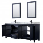 Daria 80" Double Vanity in Dark Blue, Top, Square Matte Black Trim, 24" Mirrors