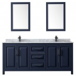 Daria 80" Double Vanity in Dark Blue, Top, Square Matte Black Trim, 24" Mirrors