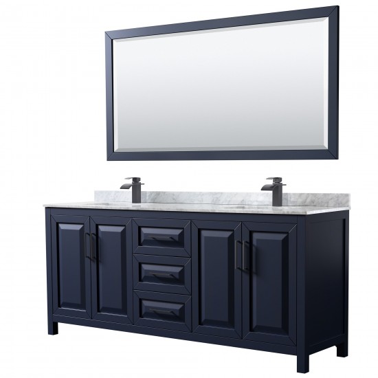 Daria 80" Double Vanity in Dark Blue, Top, Square Matte Black Trim, 70" Mirror