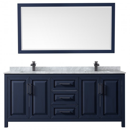 Daria 80" Double Vanity in Dark Blue, Top, Square Matte Black Trim, 70" Mirror