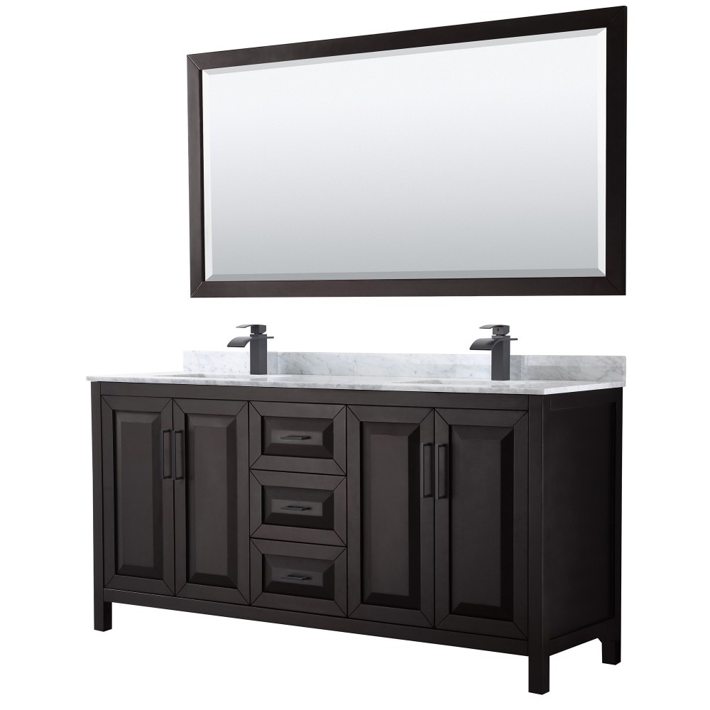 Daria 72" Double Vanity in Dark Espresso, Top, Black Trim, 70" Mirror