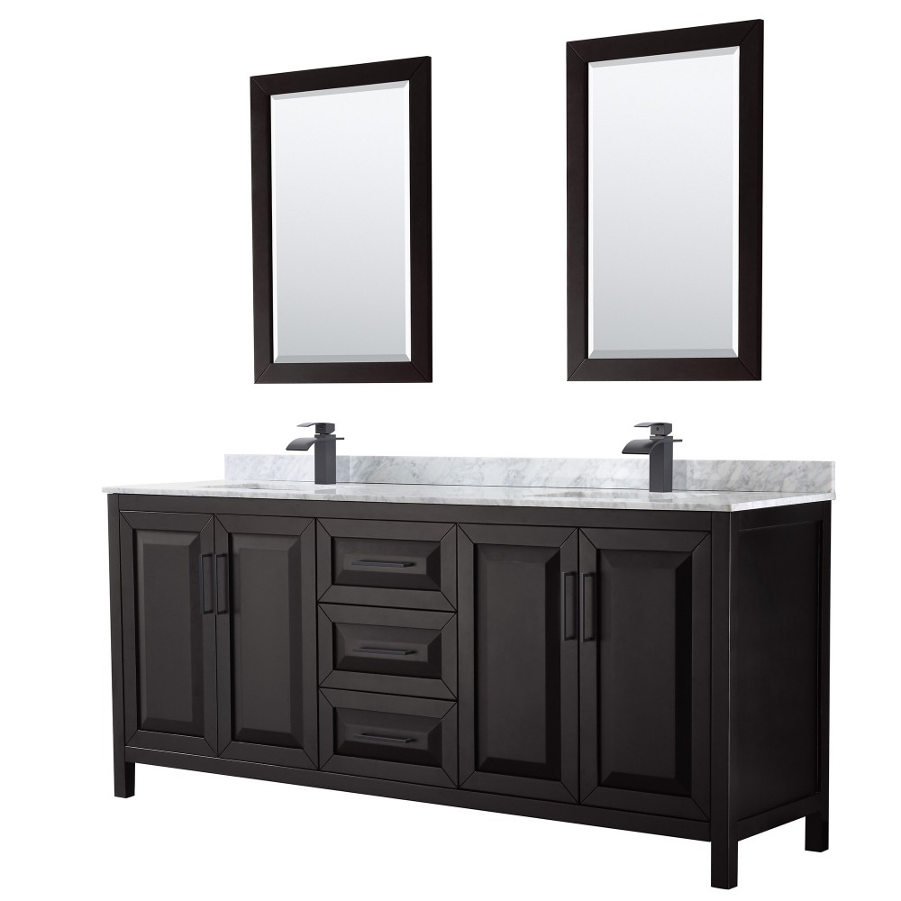 Daria 80" Double Vanity in Dark Espresso, Top, Black Trim, 24" Mirrors