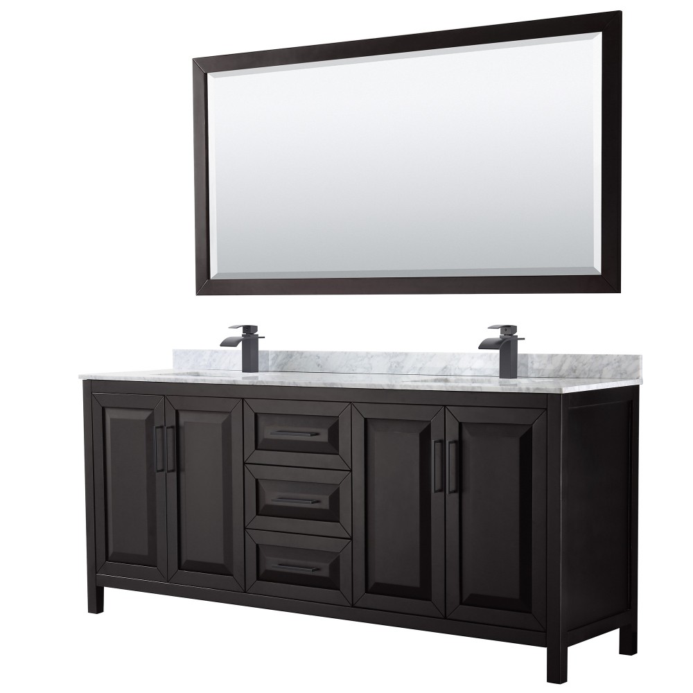 Daria 80" Double Vanity in Dark Espresso, Top, Black Trim, 70" Mirror