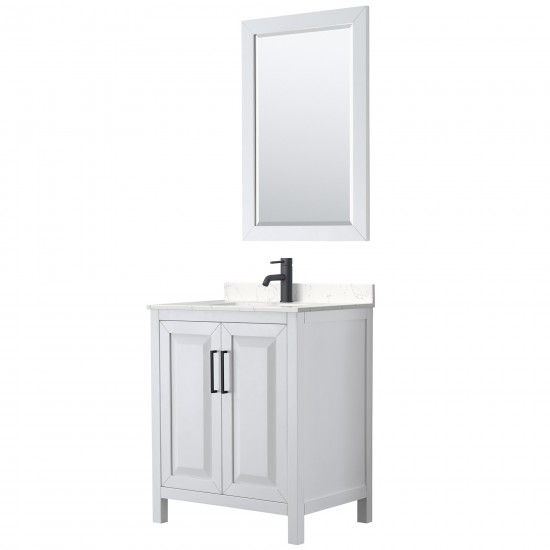 Daria 30" Single Vanity in White, Carrara Marble Top, Black Trim, 24" Mirror