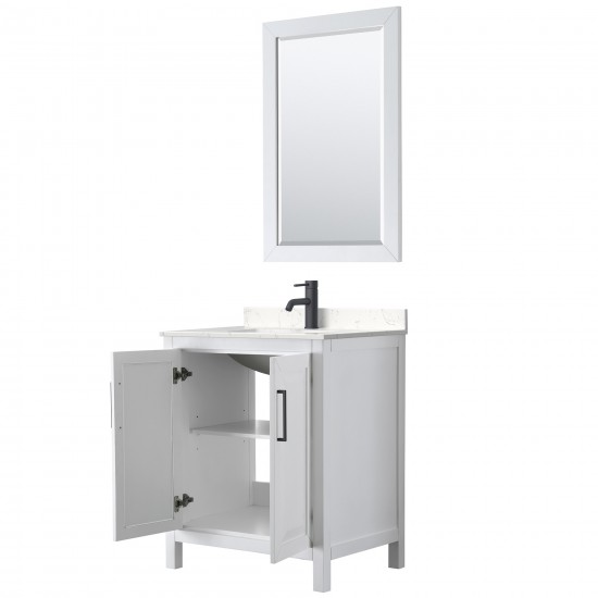 Daria 30" Single Vanity in White, Carrara Marble Top, Black Trim, 24" Mirror