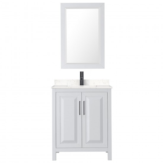 Daria 30" Single Vanity in White, Carrara Marble Top, Black Trim, 24" Mirror