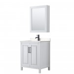 Daria 30" White Single Vanity, Carrara Marble Top, Black Trim, Medicine Cabinet