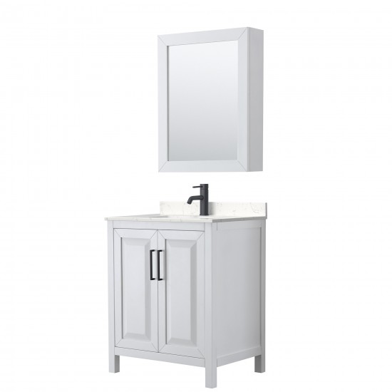 Daria 30" White Single Vanity, Carrara Marble Top, Black Trim, Medicine Cabinet