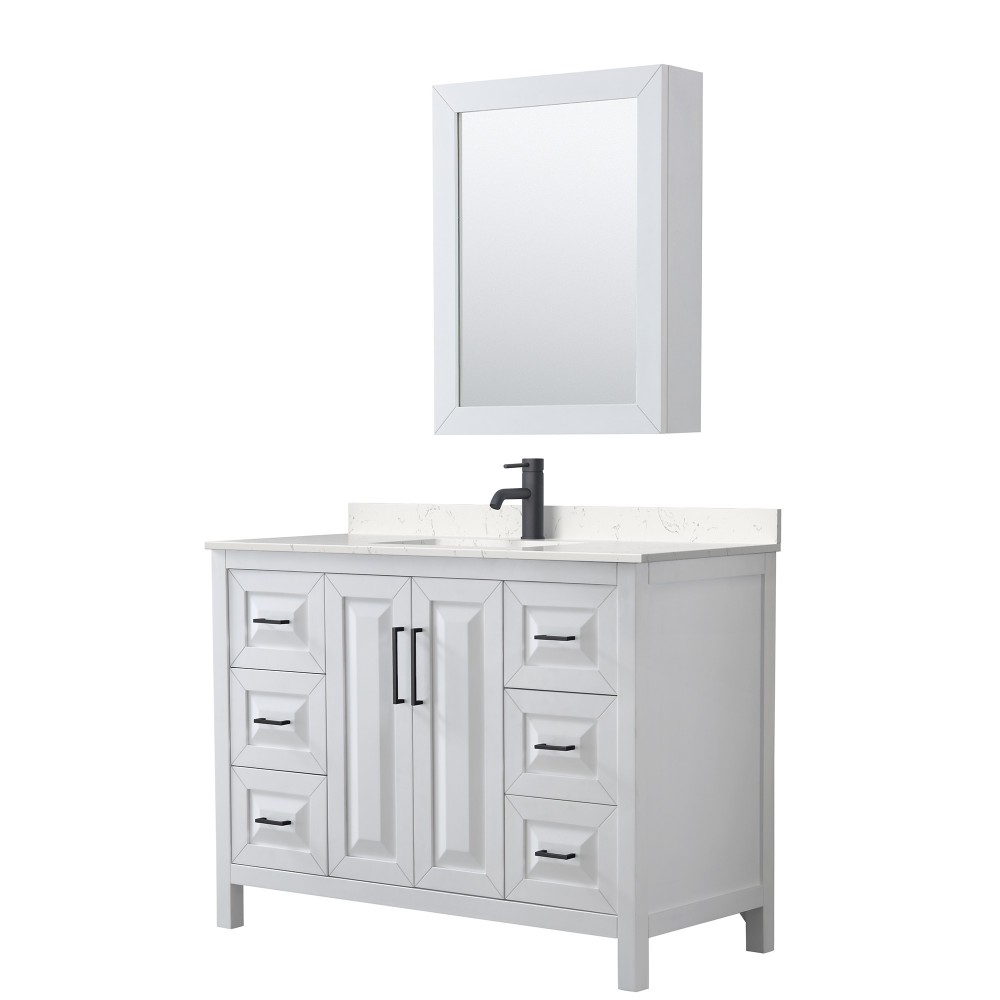 Daria 48" White Single Vanity, Carrara Marble Top, Black Trim, Medicine Cabinet