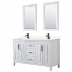 Daria 60" Double Vanity in White, Carrara Marble Top, Black Trim, 24" Mirrors