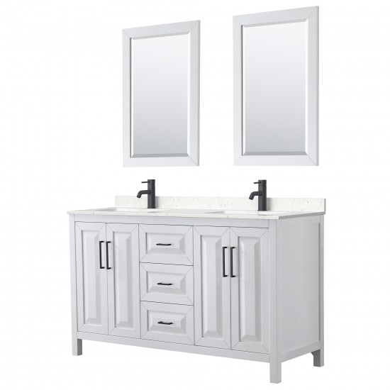 Daria 60" Double Vanity in White, Carrara Marble Top, Black Trim, 24" Mirrors