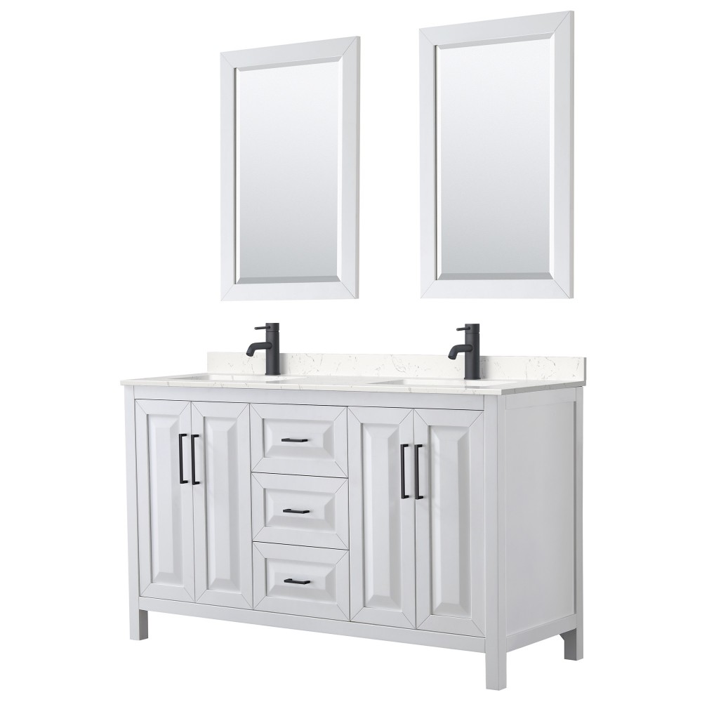 Daria 60" Double Vanity in White, Carrara Marble Top, Black Trim, 24" Mirrors