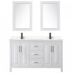 Daria 60" Double Vanity in White, Carrara Marble Top, Black Trim, 24" Mirrors