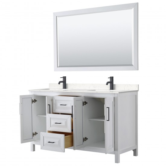 Daria 60" Double Vanity in White, Carrara Marble Top, Black Trim, 58" Mirror