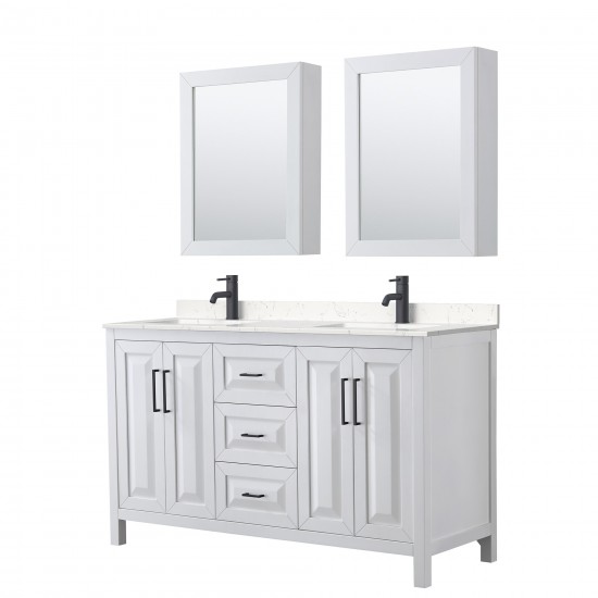 Daria 60" White Double Vanity, Carrara Marble Top, Black Trim, Medicine Cabinets