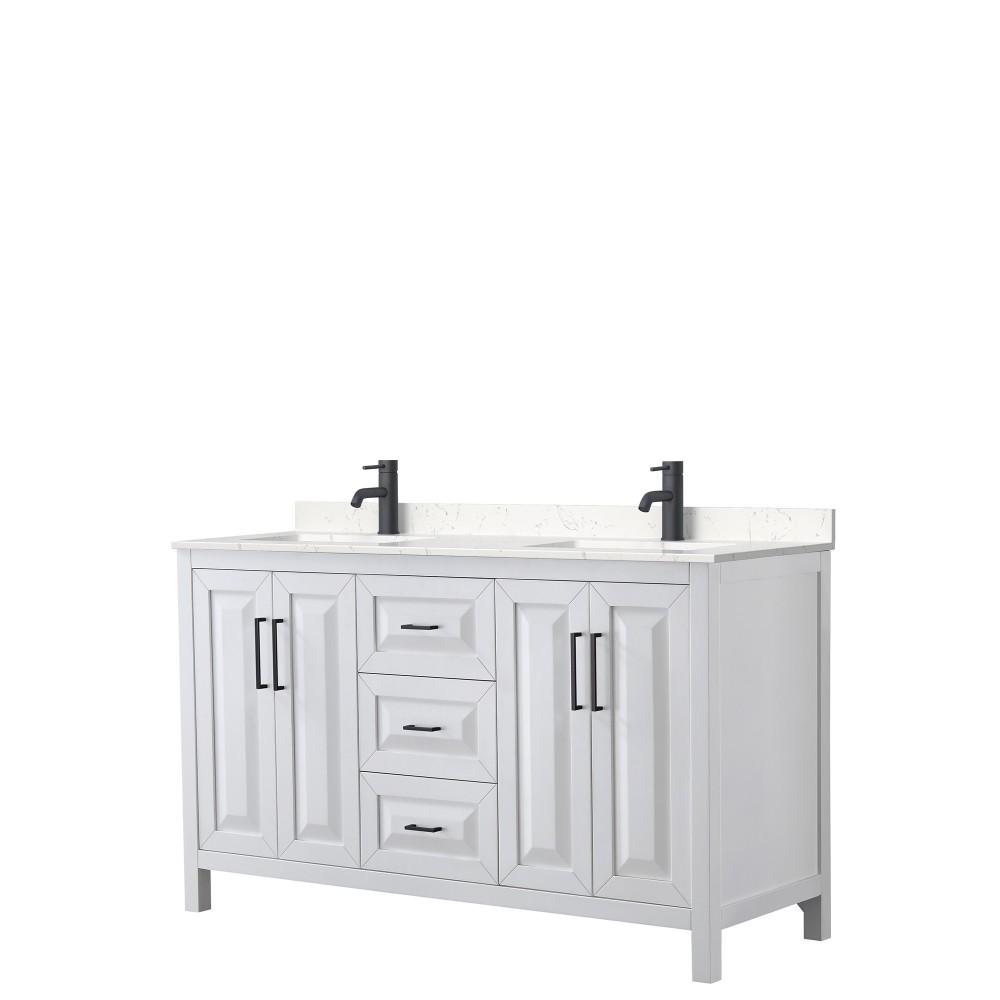 Daria 60" Double Vanity in White, Carrara Cultured Marble Top, Black Trim