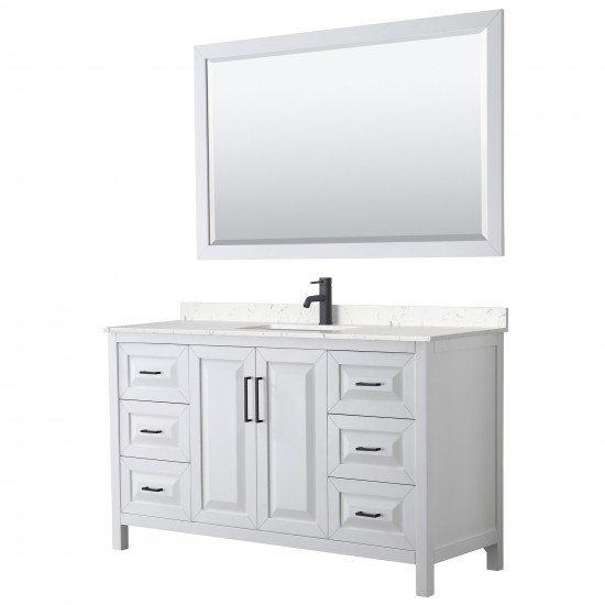 Daria 60" Single Vanity in White, Carrara Marble Top, Black Trim, 58" Mirror