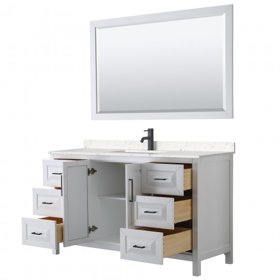 Daria 60" Single Vanity in White, Carrara Marble Top, Black Trim, 58" Mirror