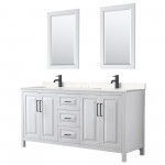 Daria 72" Double Vanity in White, Carrara Marble Top, Black Trim, 24" Mirrors