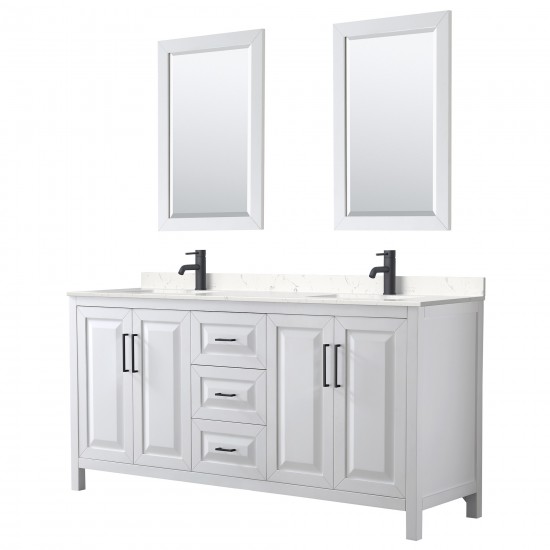 Daria 72" Double Vanity in White, Carrara Marble Top, Black Trim, 24" Mirrors