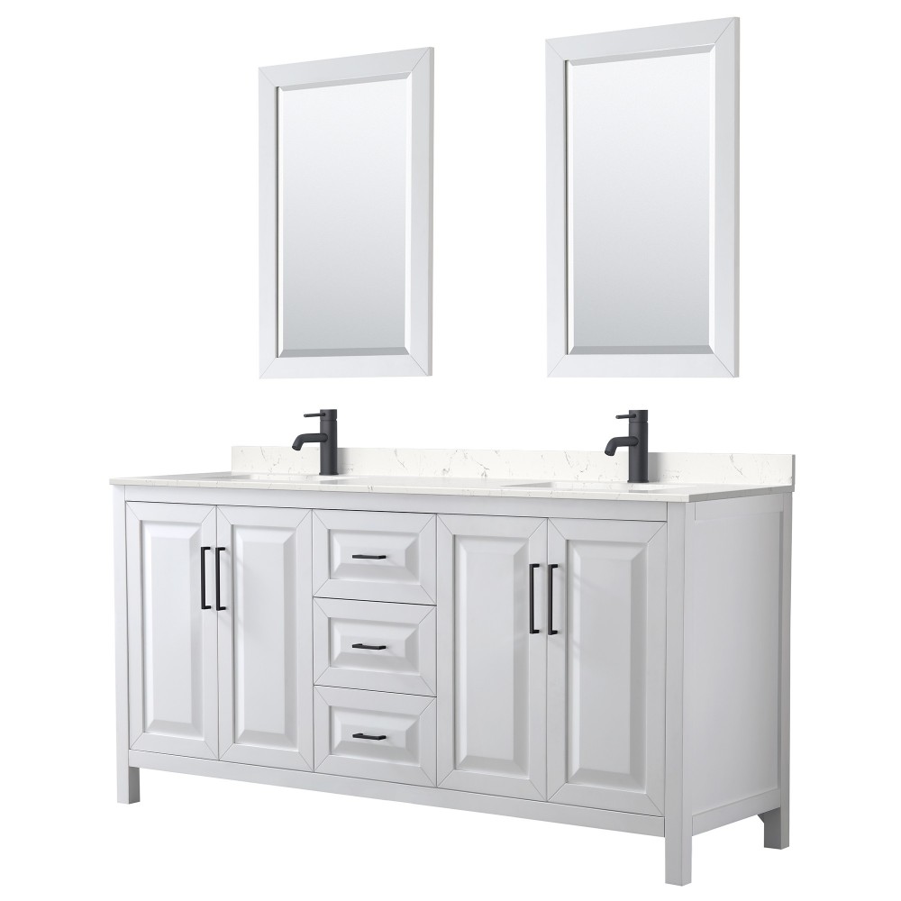 Daria 72" Double Vanity in White, Carrara Marble Top, Black Trim, 24" Mirrors