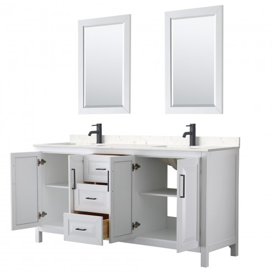 Daria 72" Double Vanity in White, Carrara Marble Top, Black Trim, 24" Mirrors