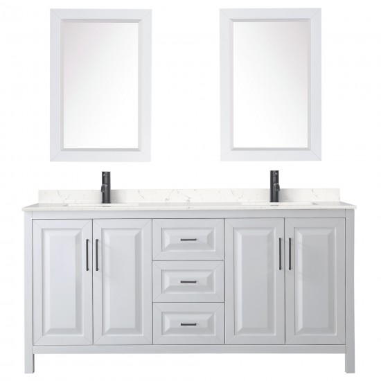 Daria 72" Double Vanity in White, Carrara Marble Top, Black Trim, 24" Mirrors