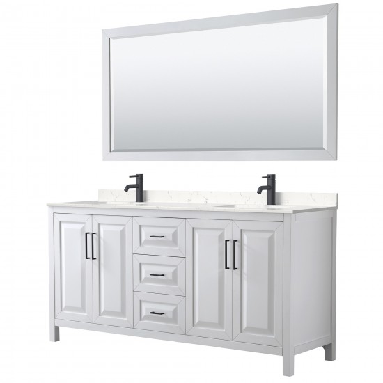 Daria 72" Double Vanity in White, Carrara Marble Top, Black Trim, 70" Mirror