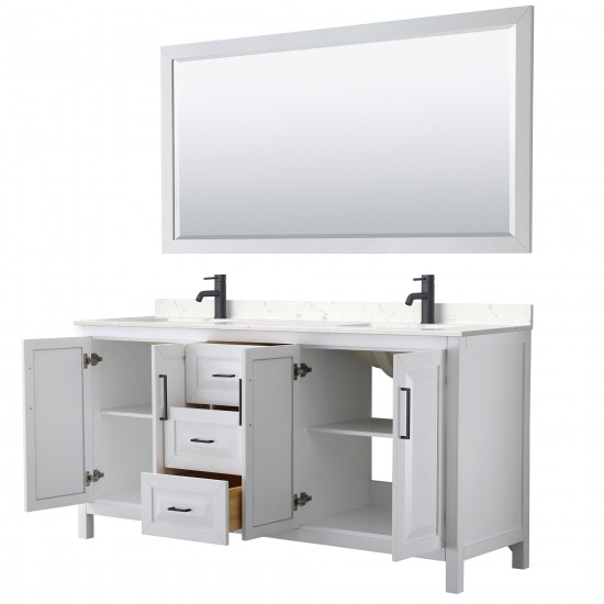 Daria 72" Double Vanity in White, Carrara Marble Top, Black Trim, 70" Mirror