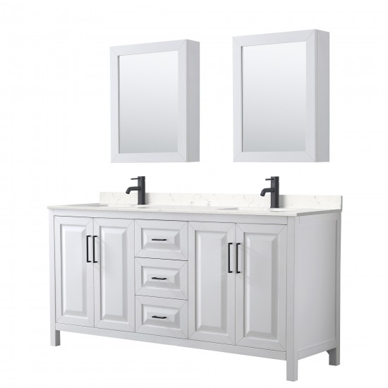 Daria 72" White Double Vanity, Carrara Marble Top, Black Trim, Medicine Cabinets