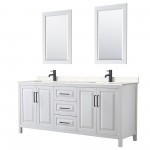Daria 80" Double Vanity in White, Carrara Marble Top, Black Trim, 24" Mirrors