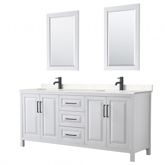 Daria 80" Double Vanity in White, Carrara Marble Top, Black Trim, 24" Mirrors