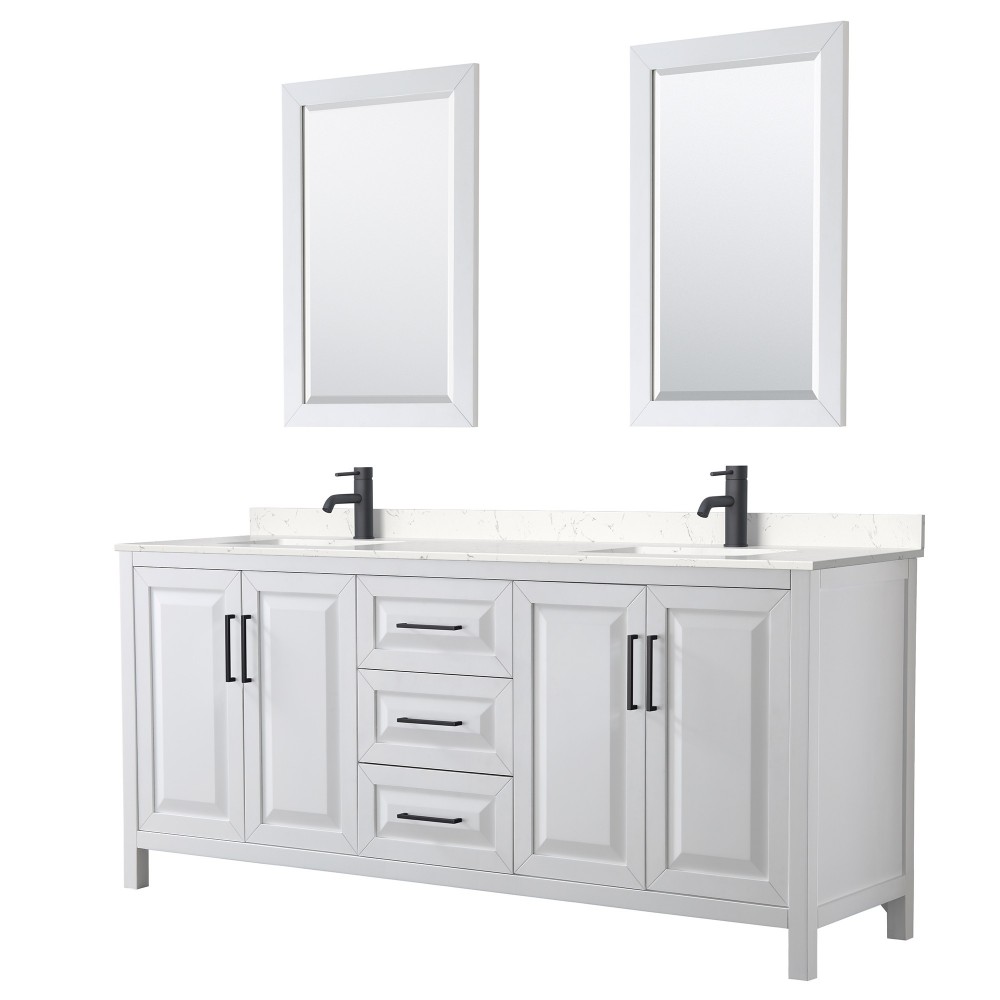 Daria 80" Double Vanity in White, Carrara Marble Top, Black Trim, 24" Mirrors