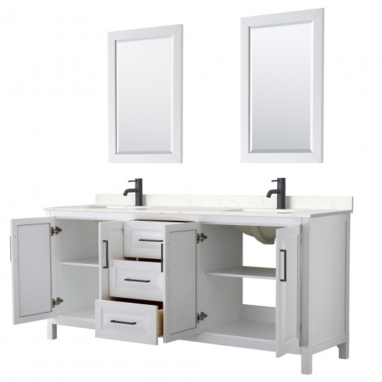 Daria 80" Double Vanity in White, Carrara Marble Top, Black Trim, 24" Mirrors