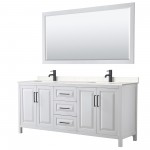 Daria 80" Double Vanity in White, Carrara Marble Top, Black Trim, 70" Mirror