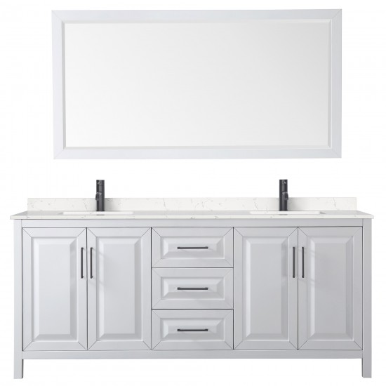 Daria 80" Double Vanity in White, Carrara Marble Top, Black Trim, 70" Mirror