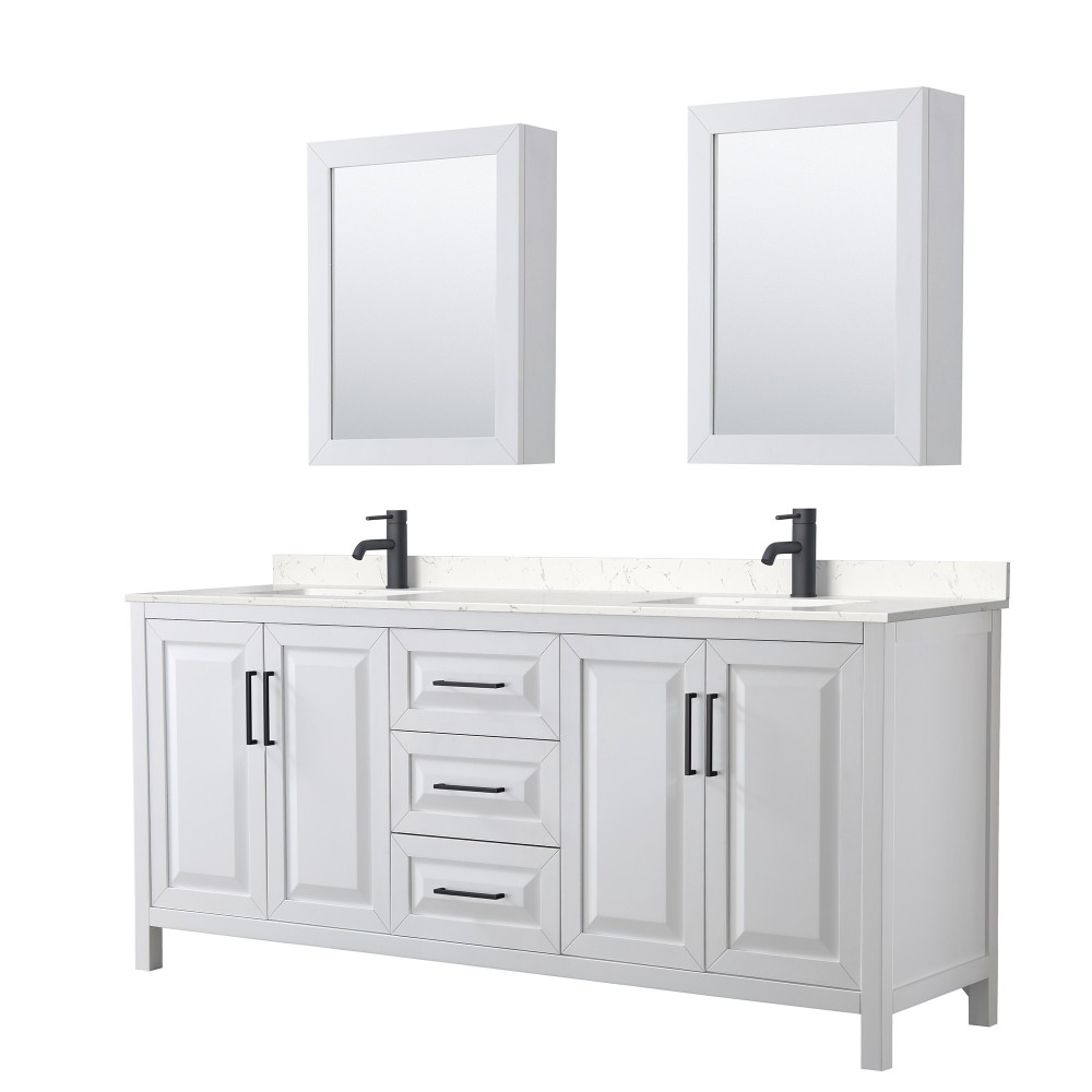 Daria 80" White Double Vanity, Carrara Marble Top, Black Trim, Medicine Cabinets