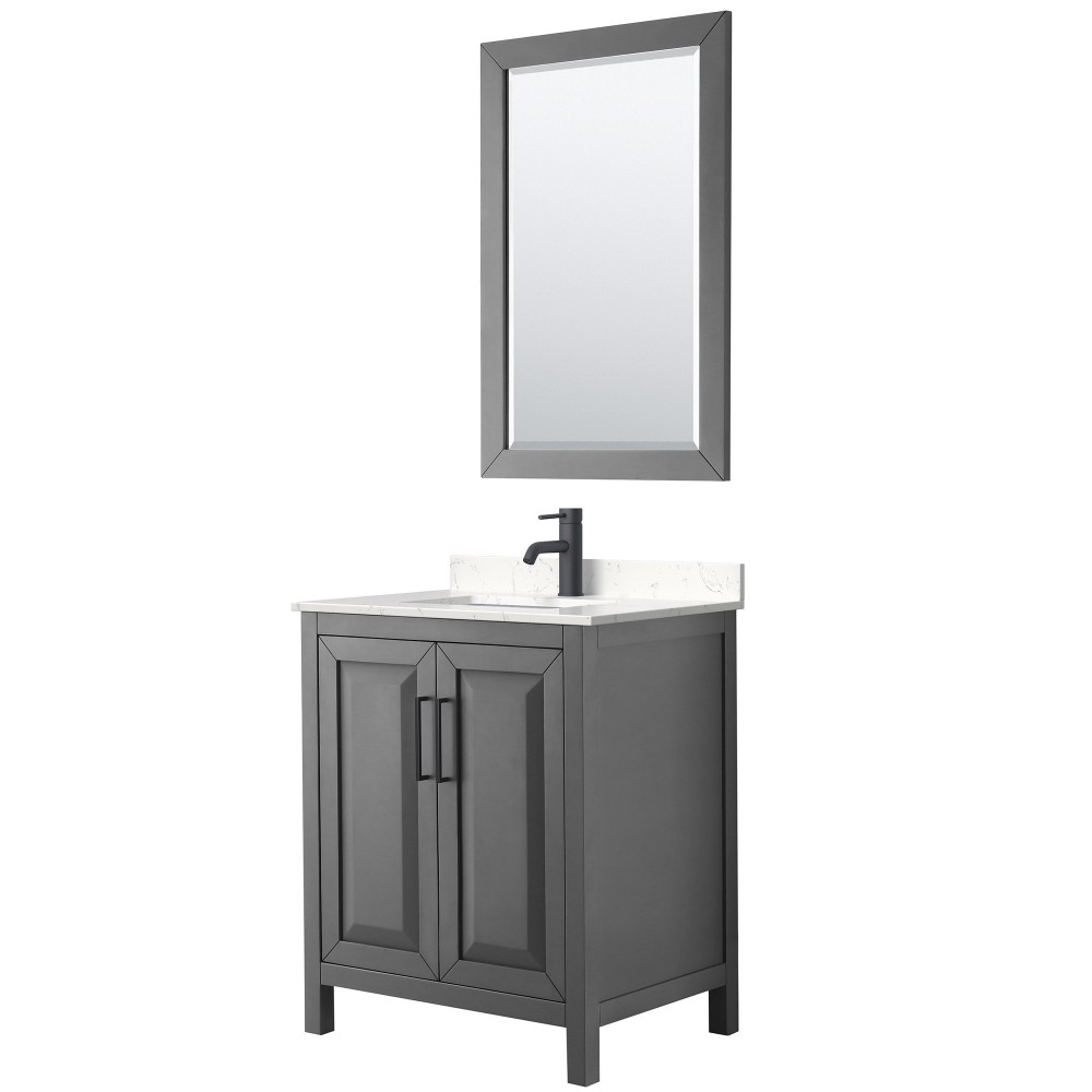 Daria 30" Single Vanity in Dark Gray, Carrara Marble Top, Black Trim, 24" Mirror