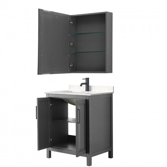 Daria 30" Gray Single Vanity, Carrara Marble Top, Black Trim, Medicine Cabinet