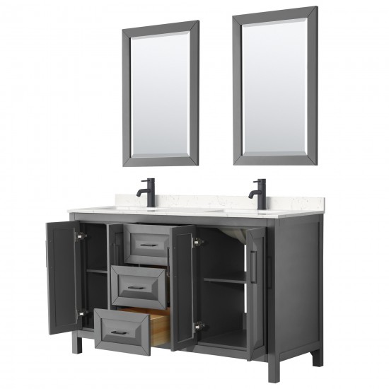 Daria 60" Dark Gray Double Vanity, Carrara Marble Top, Black Trim, 24" Mirrors