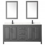 Daria 72" Dark Gray Double Vanity, Carrara Marble Top, Black Trim, 24" Mirrors