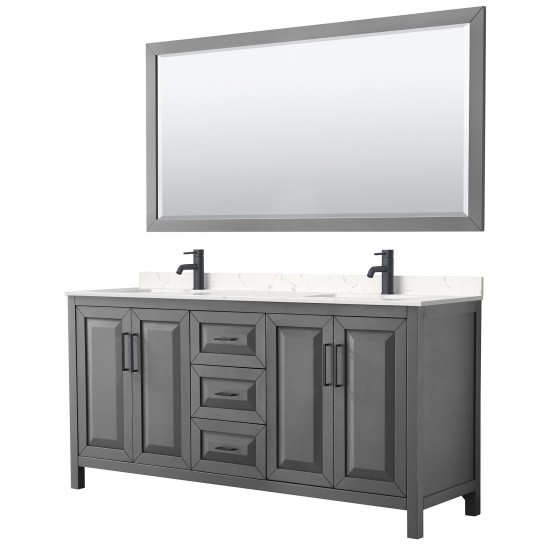 Daria 72" Double Vanity in Dark Gray, Carrara Marble Top, Black Trim, 70" Mirror