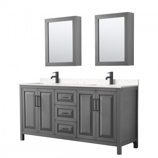 Daria 72" Gray Double Vanity, Carrara Marble Top, Black Trim, Medicine Cabinets