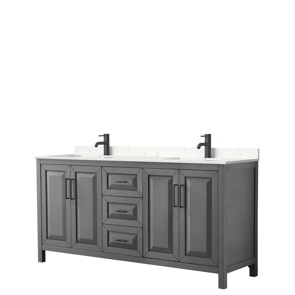 Daria 72" Double Vanity in Dark Gray, Carrara Cultured Marble Top, Black Trim