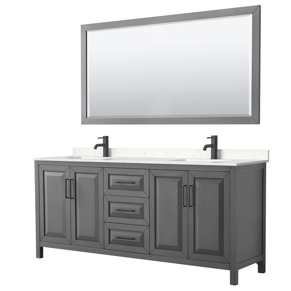 Daria 80" Double Vanity in Dark Gray, Carrara Marble Top, Black Trim, 70" Mirror