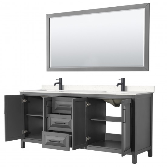 Daria 80" Double Vanity in Dark Gray, Carrara Marble Top, Black Trim, 70" Mirror