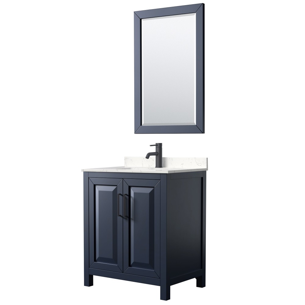 Daria 30" Single Vanity in Dark Blue, Carrara Marble Top, Black Trim, 24" Mirror