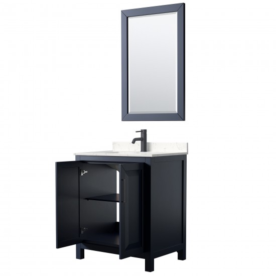 Daria 30" Single Vanity in Dark Blue, Carrara Marble Top, Black Trim, 24" Mirror