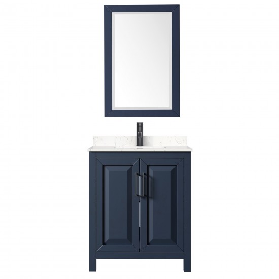 Daria 30" Single Vanity in Dark Blue, Carrara Marble Top, Black Trim, 24" Mirror