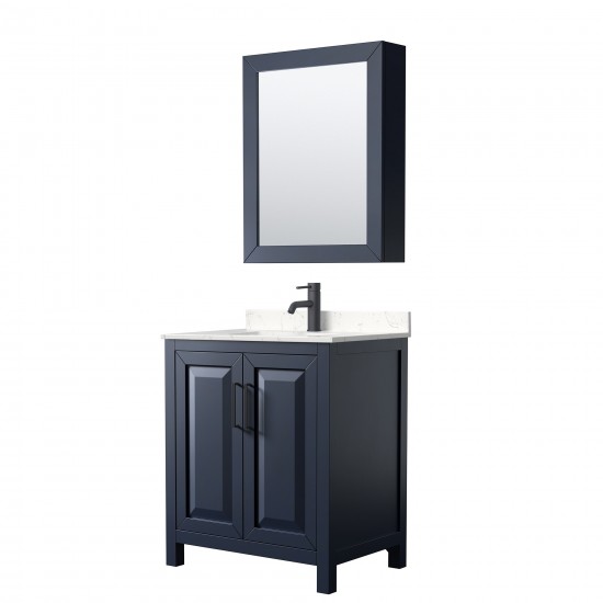 Daria 30" Blue Single Vanity, Carrara Marble Top, Black Trim, Medicine Cabinet